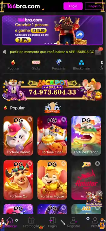 Interface do aplicativo do 166BRA Cassino em smartphone Android e iOS.