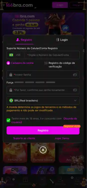 Tela de cadastro no site do 166BRA Cassino.